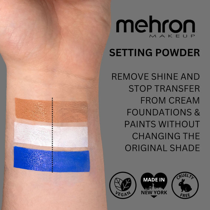 Krämsmink på en arm före och efter Mehron Colorset Powder Shaker, glansen försvinner utan att färgen ändras