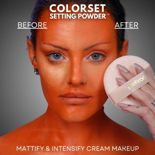 Orangemålat ansikte före och efter Mehron Colorset Setting Powder Translucent, glansen försvinner med puderpuff