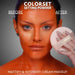 Orangemålat ansikte före och efter Mehron Colorset Setting Powder Translucent, glansen försvinner med puderpuff