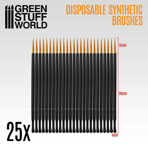 25x disposable synthetic brushes. Tip 15mm, shaft 90mm, width 4mm.