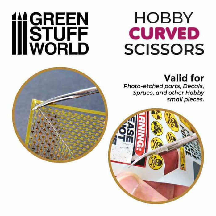 Hobby scissor with curved tip cutting through gloden paper. Another picture showing the scissor cutting a round poison symbol printed on paper. Varlid for photo-etched parts. Decals, sprues and other hobby small pieces.