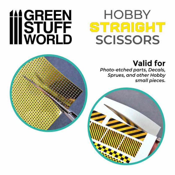 Hobby scissor with straight blad cutting through perforated golden paper and cutting through paper with prints on it. Valid for Photo-etched parts, decals, sprues, and other hobby small pieces.