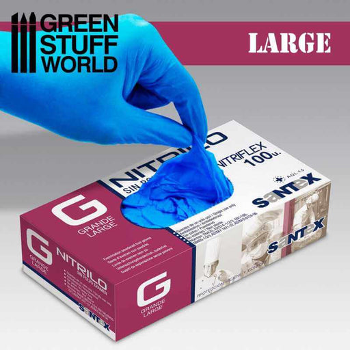 Hand wearing nitrile gloves, picking up another pair of nitrile gloves from a box, size L