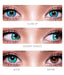 princess pinky lunar earth green lens closeup, looking stright forward, to the side and a before and after with the lens