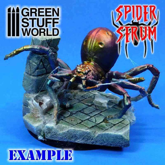 Example of spider serum at use. Model of a gigant spider on art of a ruin partly covered in spider web.